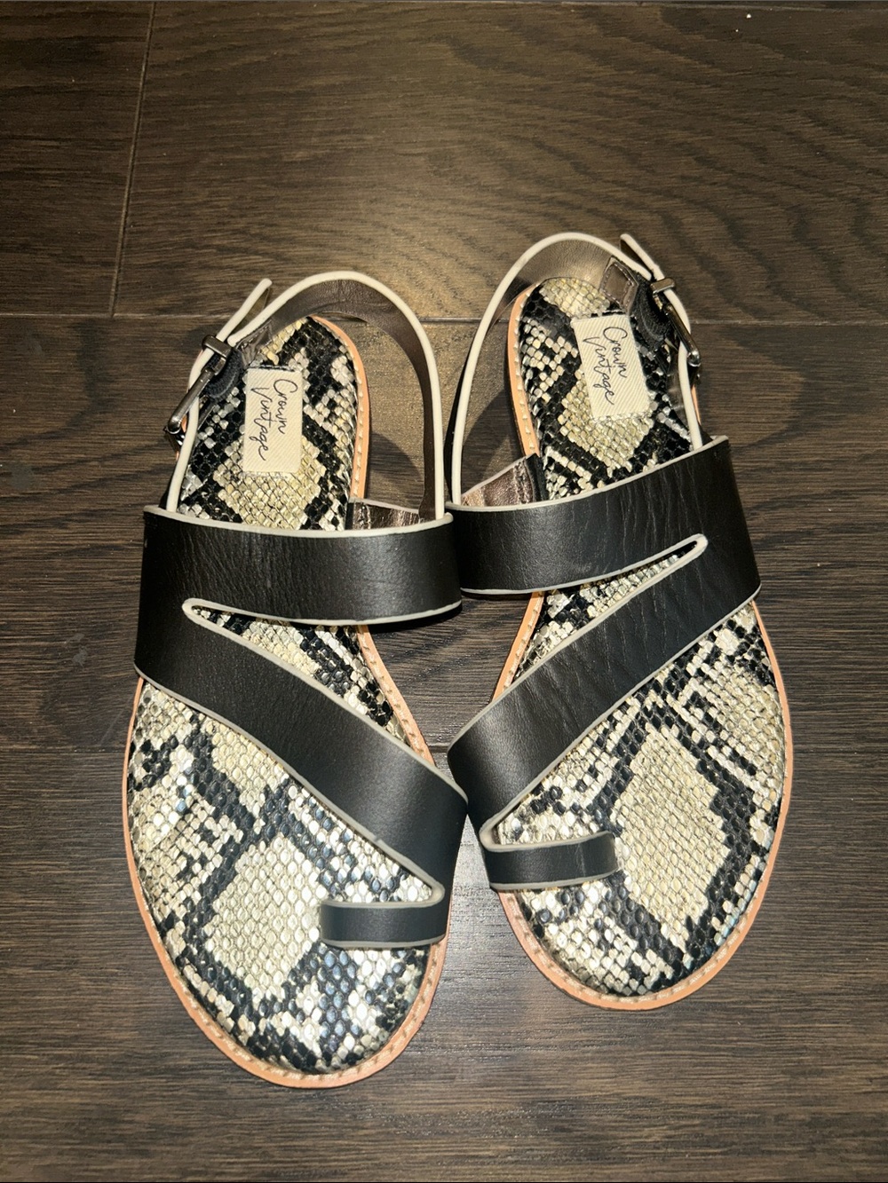 Crown Vintage Black Strappy Sandals with Snake-Print Footbed
